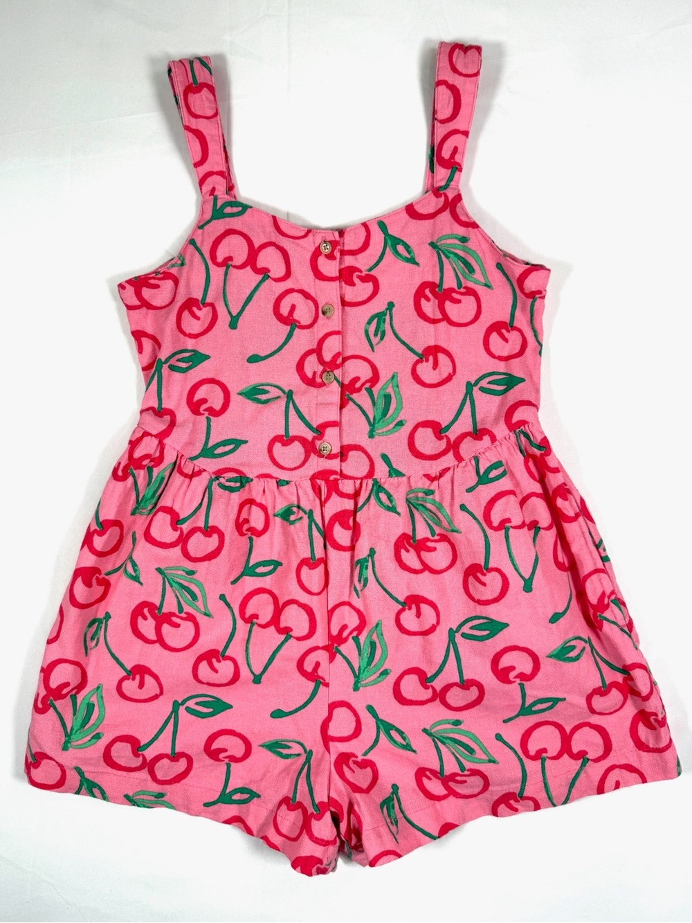 OLD NAVY Girls Sleeveless Linen Blend Cherry Print Romper L 10-12 Pink
